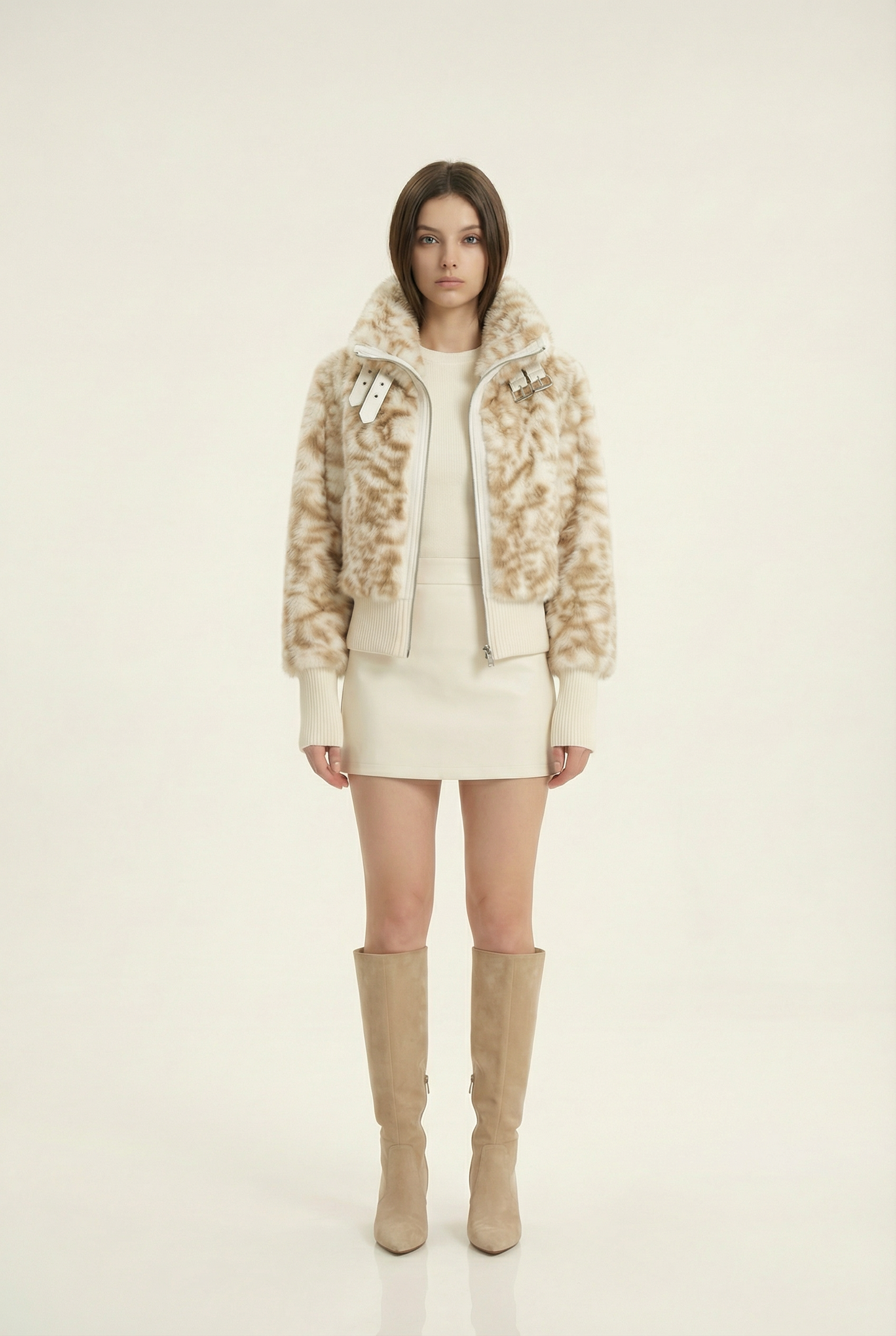 Julie Short Jacket with Stand Collar – Beige &amp; Brown