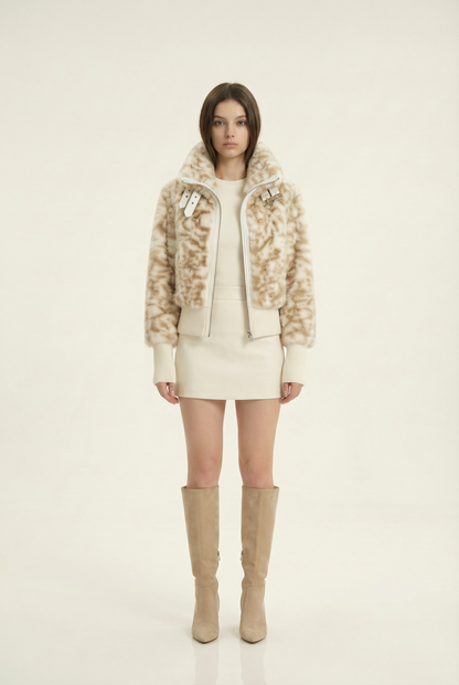 Julie Short Jacket with Stand Collar – Beige &amp; Brown