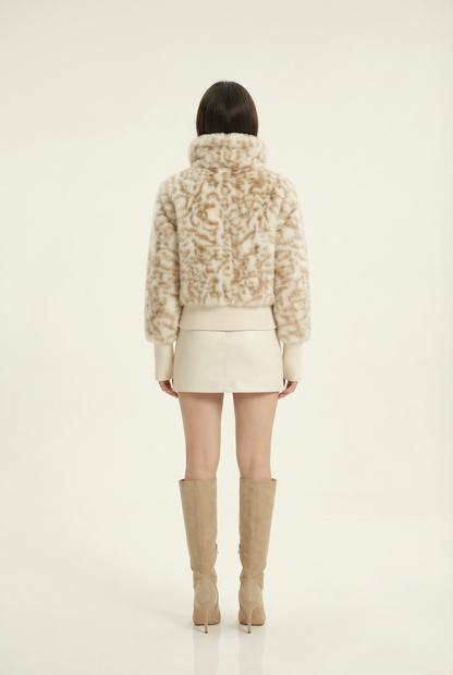 Julie Short Jacket with Stand Collar – Beige &amp; Brown