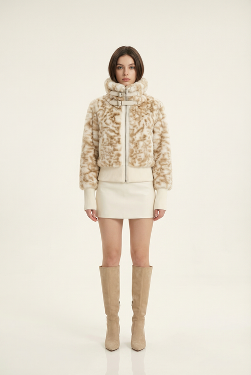 Julie Short Jacket with Stand Collar – Beige &amp; Brown