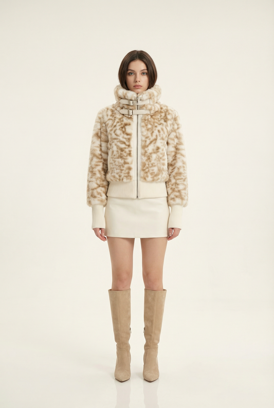 Julie Short Jacket with Stand Collar – Beige &amp; Brown