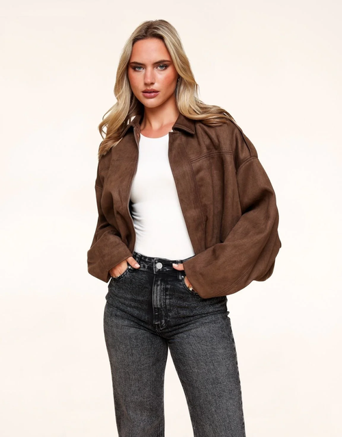 Dark Brown Suede Bomber Jacket